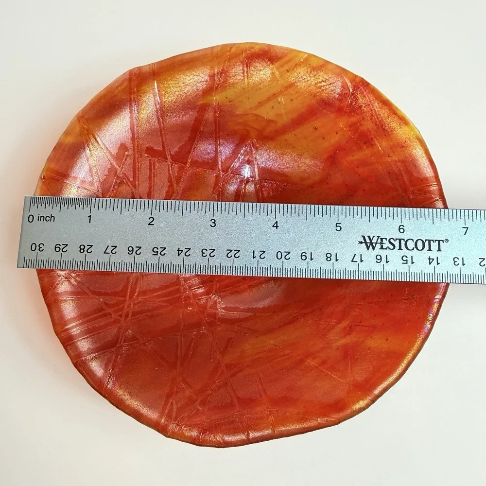 Vintage Red Orange Fused Art Glass Bowl Iridescent Abstract Line Dish